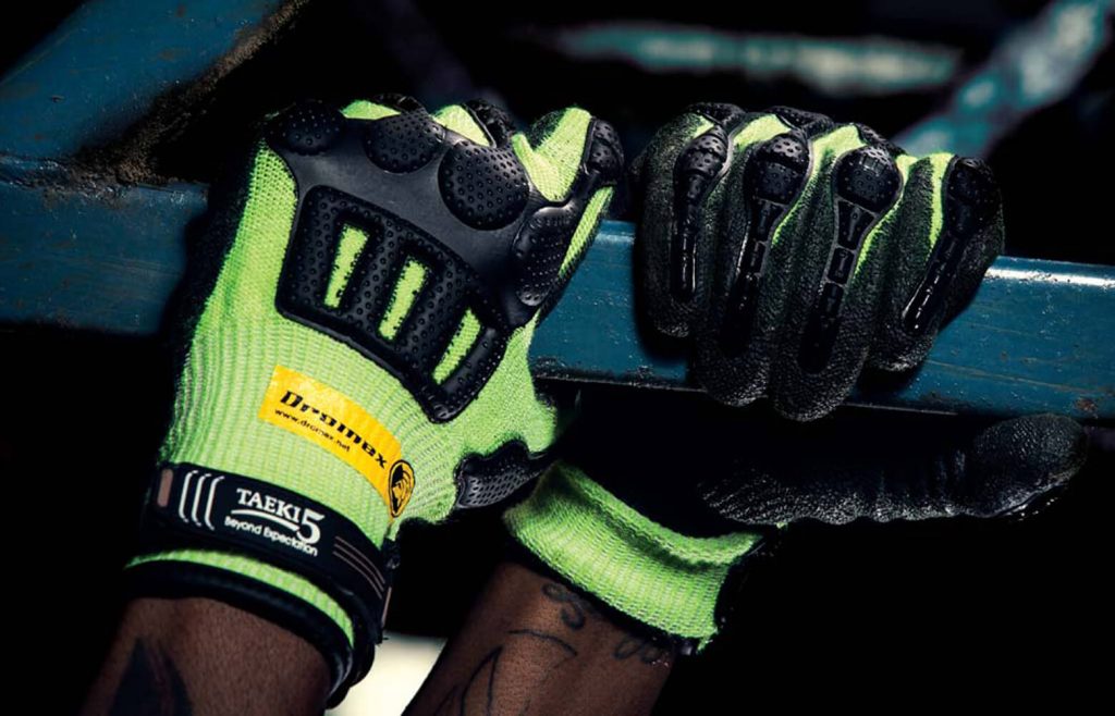 Green and black safety gloves
